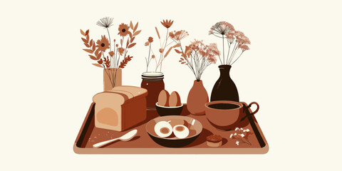 Morning Breakfast Still Life with Flowers, Eggs and Toast