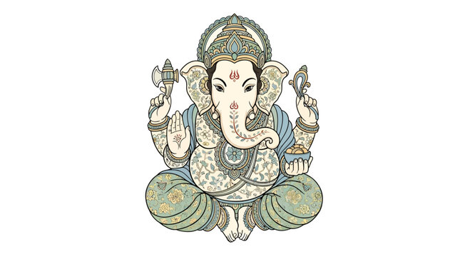 Illustrative portrayal of the elephant-headed deity Ganesha in ornate attire and seated position