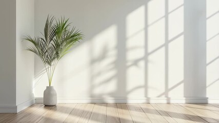Minimalist interior with a potted plant casting shadows on a sunlit wall. Low-angle shot captures serene ambiance, ideal for a calming video backdrop. Live desktop wallpaper.