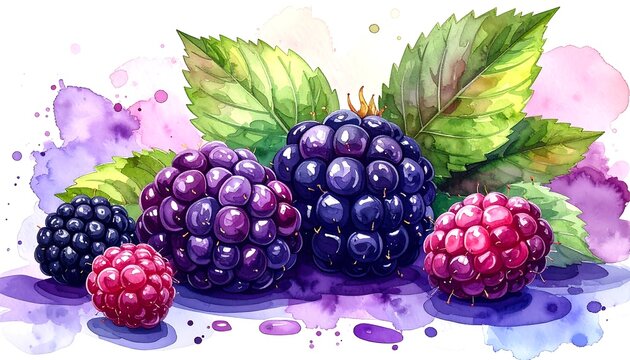 Vibrant Watercolor Blackberries and Raspberries with Green Leaves.