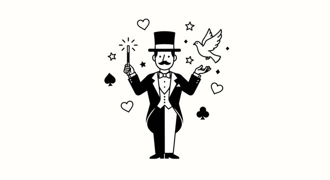 Magician with a magical wand conjuring a dove, top hat, and tuxedo icon illustration