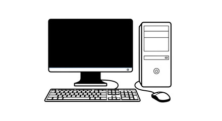 Fototapeta premium Monochrome illustration of a complete desktop computer with peripherals design