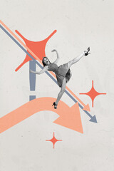 Trendy 3d poster image photo collage of inexperienced businesswoman businessman stand arrow decline...