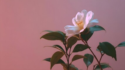 Fototapeta premium White camellia flower with yellow stamens on a branch, dark green leaves, against a soft pink gradient background. Concept White camellia on a branch with yellow stamens, dark green leaves