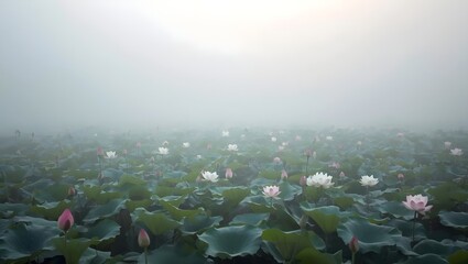 Morning fog over lotus fields
