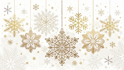Elegant christmas background with golden snowflakes hanging from delicate chains on a white backdrop