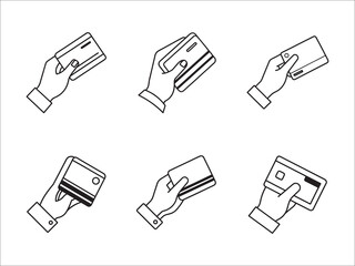 Hands holding credit cards in various positions line art drawing