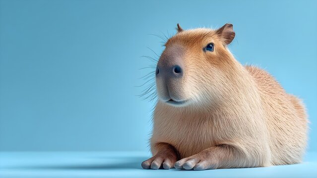 Light-brown guinea pig‑like rodent resting on a blue surface, nose up, whiskers spread, looking curiously ahead. Concept Curious guinea pig portrait, Light-brown rodent on blue backdrop