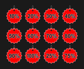 Red Starburst Discount Sticker Set 10 to 100 Percent, Price Tag Collection, Black Friday Vector Icon