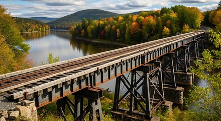 Scenic Railway Bridge Over River in Autumn Landscape.
