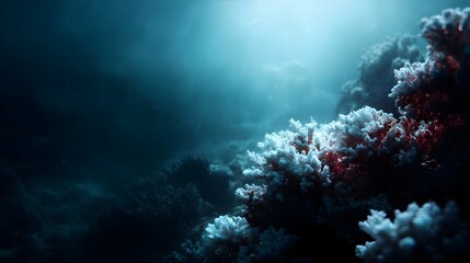 Fototapeta premium Underwater scene featuring white and red coral formations bathed in shafts of dim light creating a mysterious and serene atmosphere