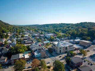 Aerial View of Berkeley Springs in West Virginia on a Late Summer Morning