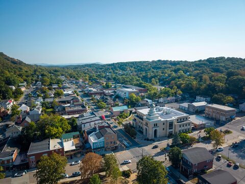 Aerial View of Berkeley Springs in West Virginia on a Late Summer Morning