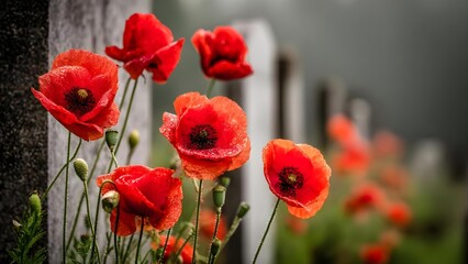 Fototapeta premium Red poppies with dew bloom beside a row of gravestones in a quiet cemetery. Concept Poppies and gravestones, Dew on petals, Quiet cemetery, Memorial imagery, Somber mood