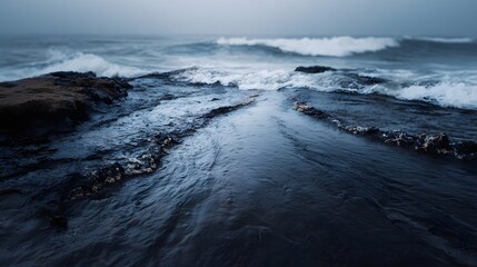 Dark and moody seascape of turbulent waves crashing on a rugged wet rocky coastline under a somber gray sky