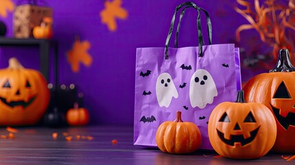 Purple Halloween bag with ghost and bat stickers, surrounded by orange pumpkins and bats, against a purple and orange background.