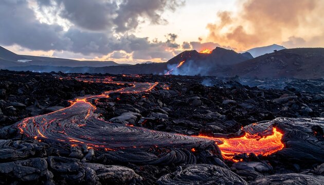 A flowing river of molten rock snakes through a desolate, dark landscape under a dramatic, cloudy sky. The sun sets, coloring the scene