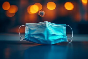 Blue Surgical Mask and Coronavirus Cell with Blurred Bokeh Lights Background