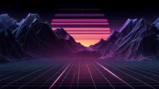Digital landscape illustration featuring mountains and geometric grid