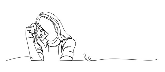continuous single line drawing of woman with DSLR camera taking pictures