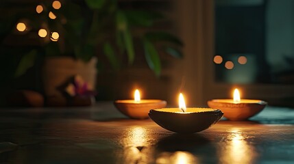 Three lit candles on a table with a plant in the background.