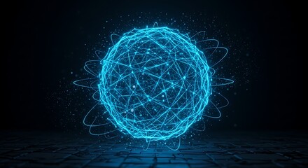 A realistic and modern background with glowing blue sphere made of interconnected lines and dots on a dark background with particles around it