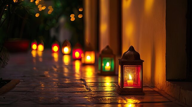A row of colorful lanterns with candles on a stone pathway at night.