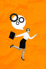 Trendy art image poster 3d banner collage of happy businesswoman run gearwheel statistics progress achievement chance growth