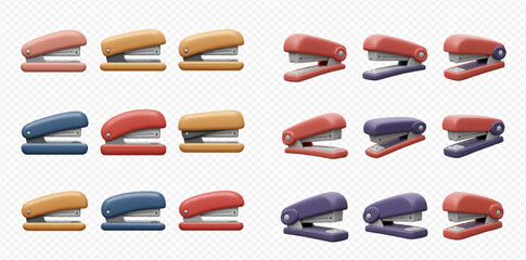 A collection of colorful staplers in various shades and styles.