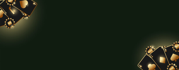 A background for casino or card games. Dark green background with black cards with gold trim.