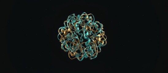 Complex molecular structure depicting protein folding with intertwined strands on black background.