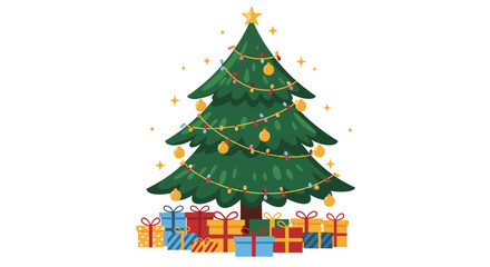 Naklejka premium A beautifully decorated cartoon Christmas tree with a star, lights, and ornaments, surrounded by a pile of colorful gift boxes.