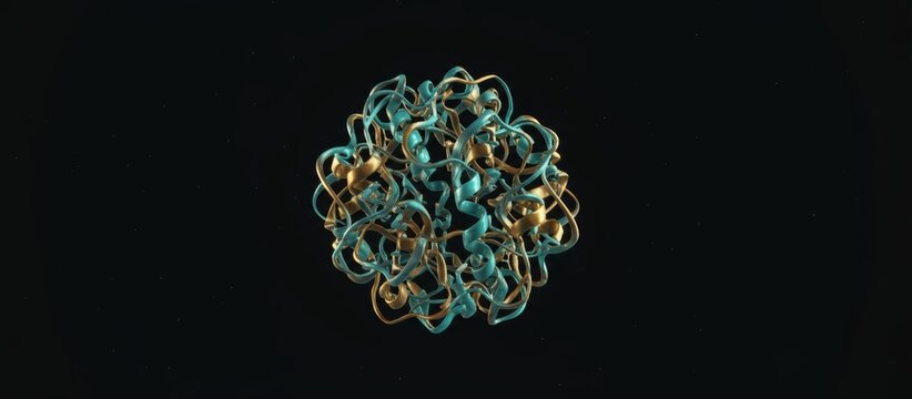 Complex molecular structure depicting protein folding with intertwined strands on black background.