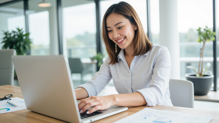 Young woman is working laptop modern office environment, smiling as she engages with her tasks. bright space features plants and large windows