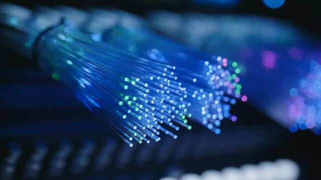 Blue fiber optics cables transmitting data, network communication