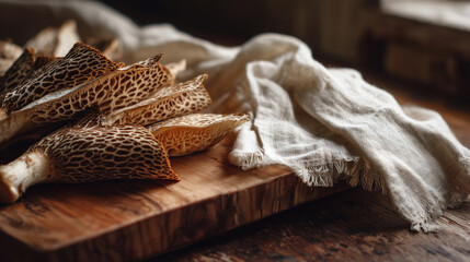 Fresh Dryad’s Saddle mushrooms on rustic wooden board.