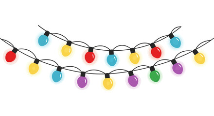 Two strings of colorful glowing Christmas light bulbs hanging in a festive garland arrangement on a white background.