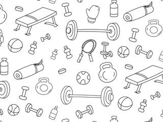 Seamless Fitness Equipment Pattern in Black and White Outline Style