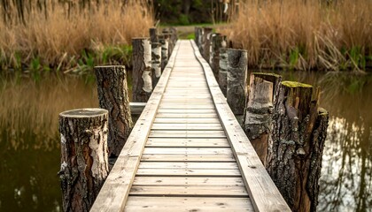 Fototapeta premium Wooden walkway bridge over calm water with reeds.