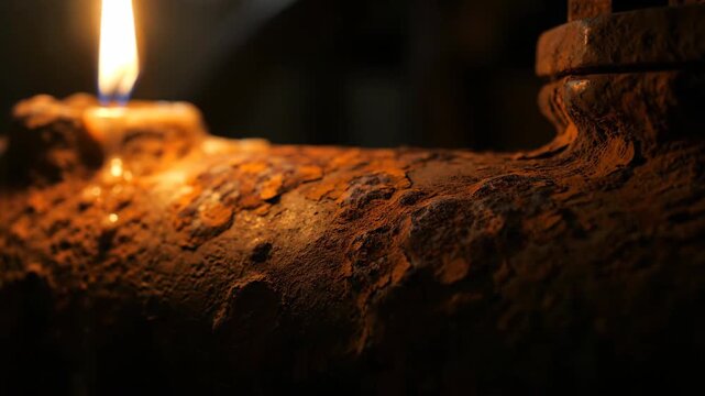 Close up of rusty metal with burning light source, dark background