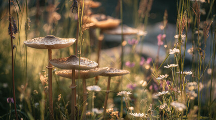 Parasol mushrooms growing in sunny meadow grass.