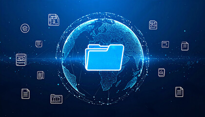 A digital representation of a file folder placed over a globe, surrounded by document icons, symbolizing global data storage and digital file management