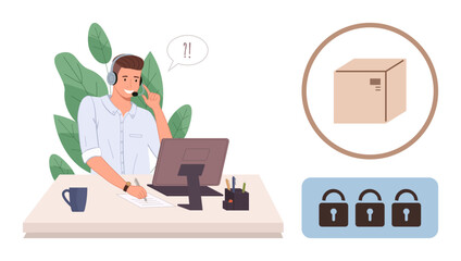 Male support agent using headset at desk with computer, resolving issues. Secure shipping, problem resolution, communication, logistics, online services, delivery, simple flat metaphor