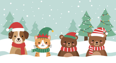 Cute cartoon animals including a dog, cat, and two bears wearing festive hats and scarves in a snowy winter scene.