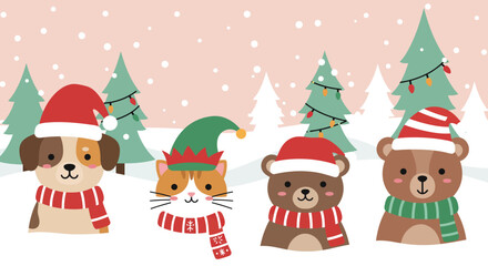 Fototapeta premium Cute cartoon animals including a dog, cat, and bears celebrating Christmas in a snowy winter forest.