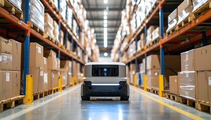 Obraz premium Warehouse robot navigating the aisles filled with packages and goods 
