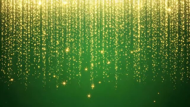 Abstract golden glitter falling on a vibrant green background