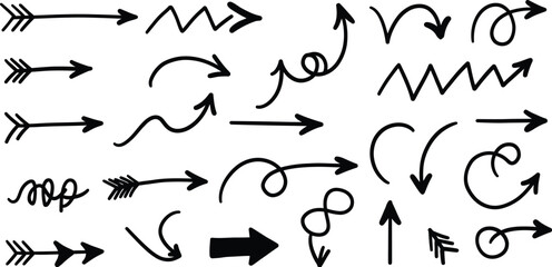 Collection of Hand Drawn Black Arrows and Swirls on White Background direction pointer