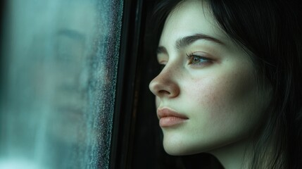 Portrait of a thoughtful face gazing out a window with a serene expression
