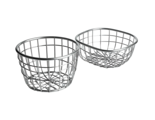 Two metallic wire baskets, one round, one square, against a dark background